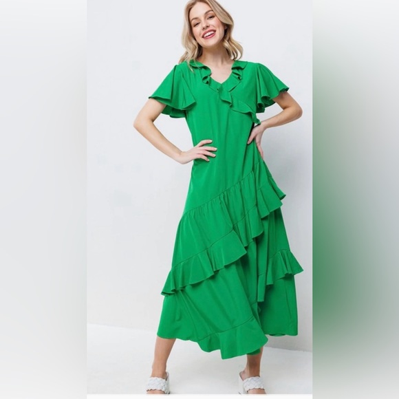 V-Neck Solid Ruffle Detail Midi Dress - Picture 2 of 8